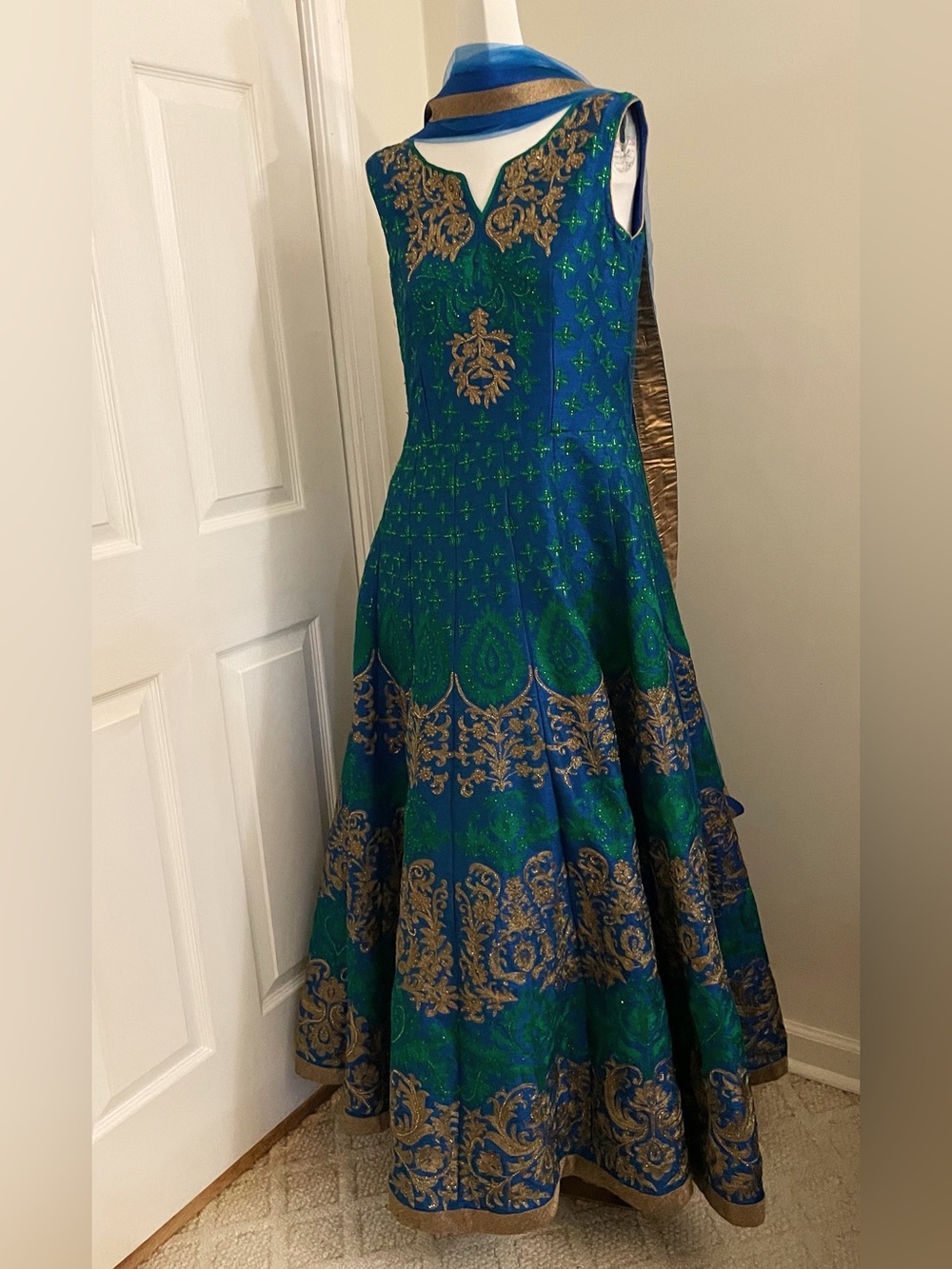 Blue-Green Embroidered Sleeveless Maxi Dress with Gold Accents